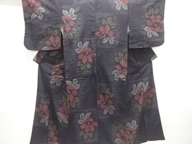 アンティーク　花模様織出し手織り真綿紬着物